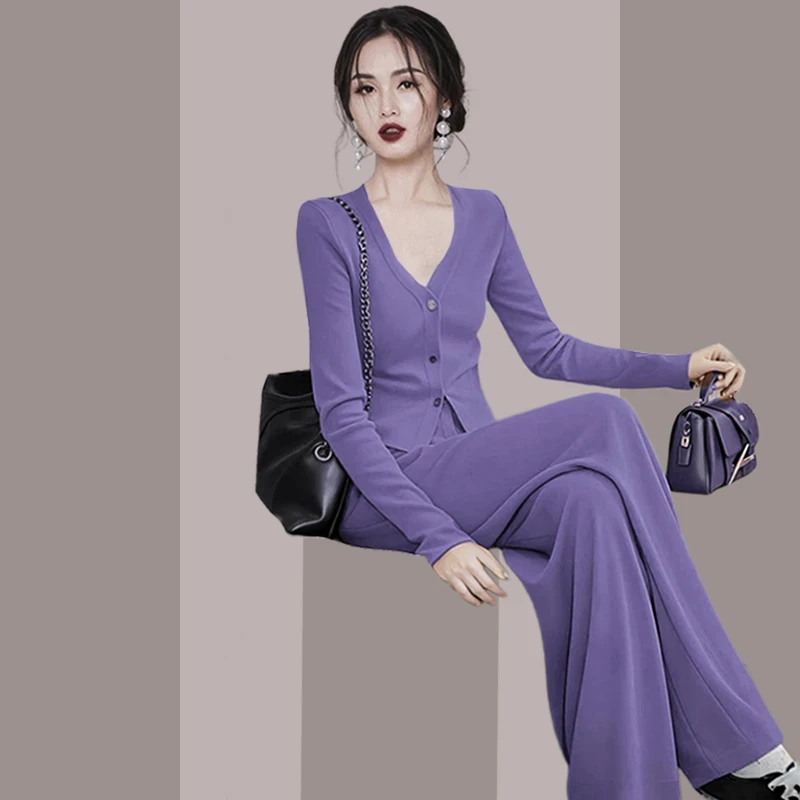 一整套秋季穿搭高级感独特绝美气质小香风紫色开衫上衣裤子套装女
