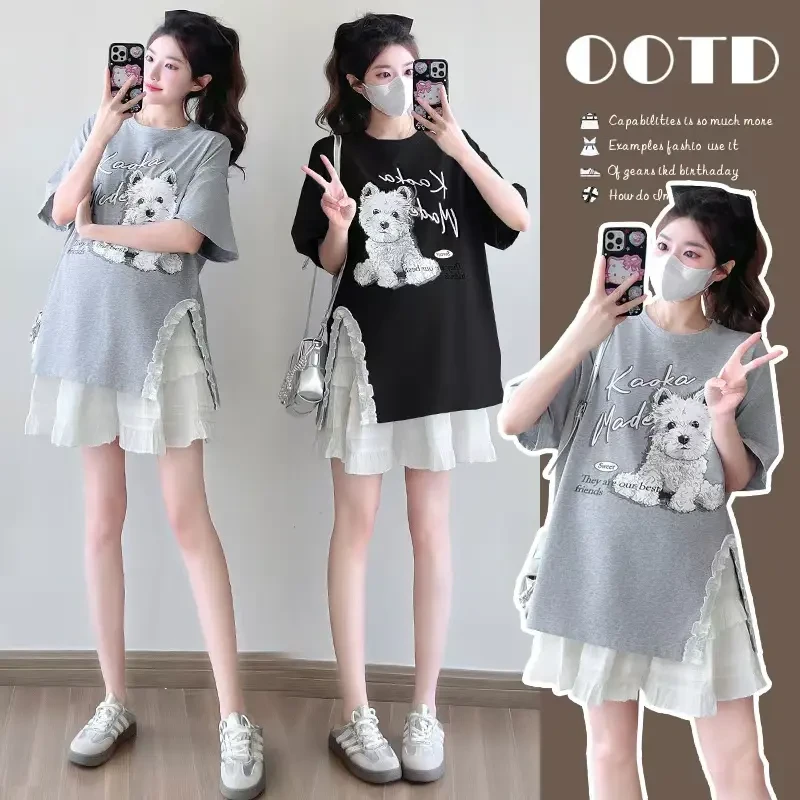 孕妇装夏装新款时尚洋气短袖上衣孕妇T恤搭配半身裙两件套装夏季