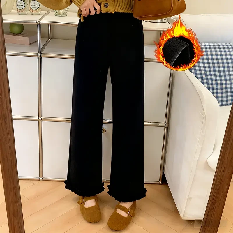 木耳边休闲直筒裤女2025秋冬新款加绒加厚运动裤小个子高腰阔腿裤