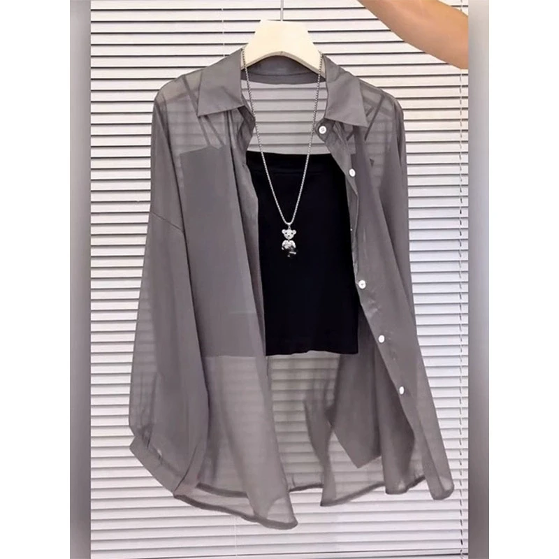 夏款2025年微透中长款长袖Polo领防晒衬衫女薄款吊带外搭罩衫衬衣