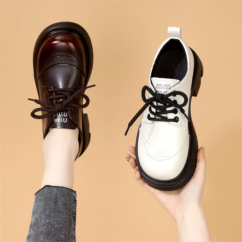 平底白色乐福鞋女2025春季新款百搭英伦风粗跟单鞋系带配裙小皮鞋