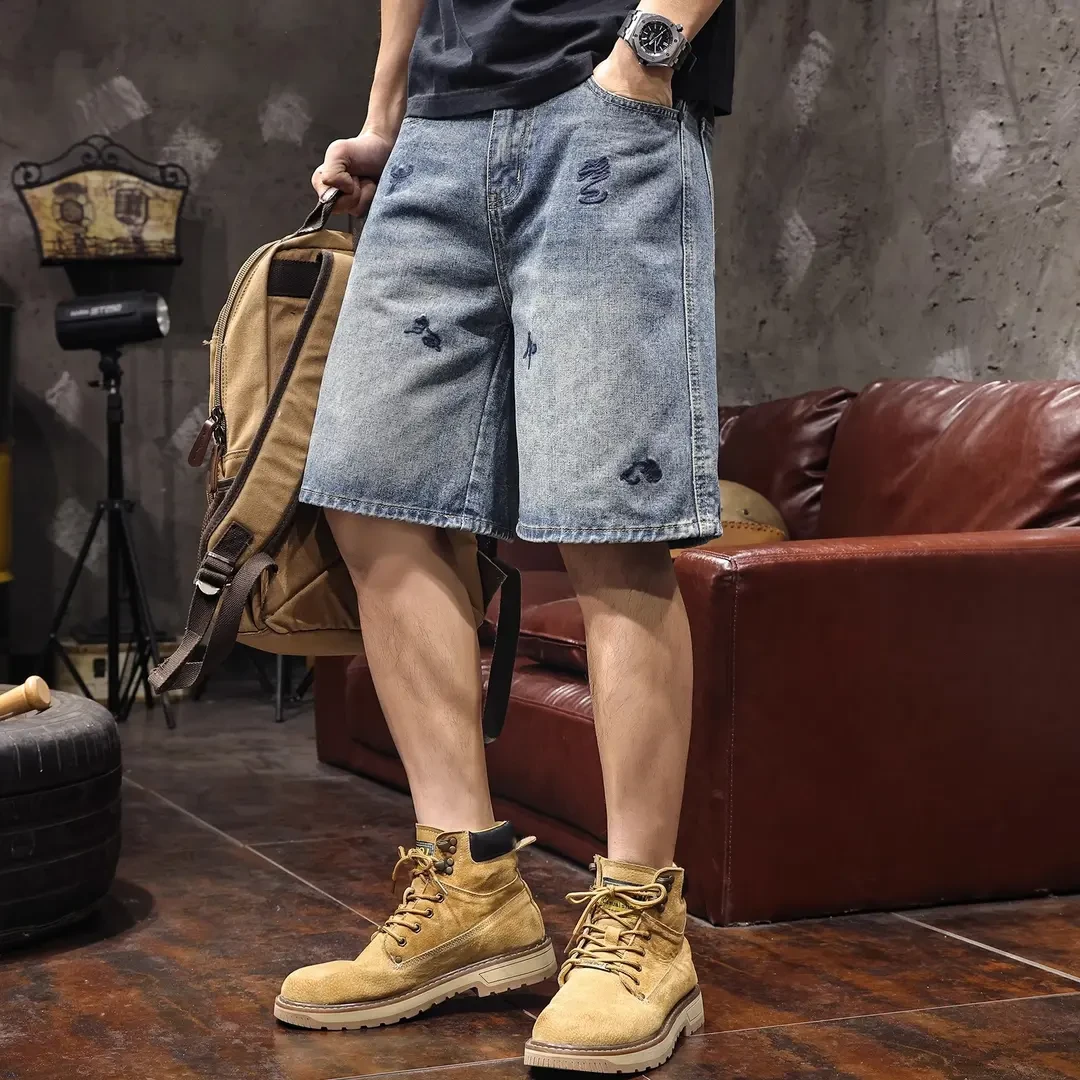 潮牌工装牛仔短裤男士宽松大码牛仔裤趣味绣花夏季薄款五分裤子男