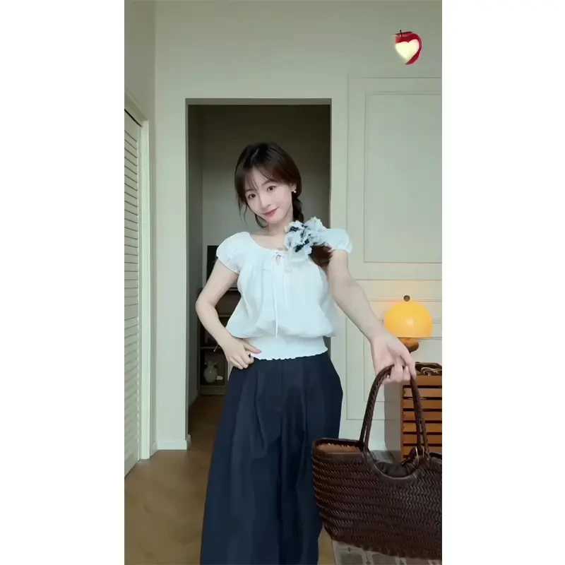 短袖系带衬衫v领短款上衣慵懒风休闲裤长裤垂感西装裤阔腿直筒裤