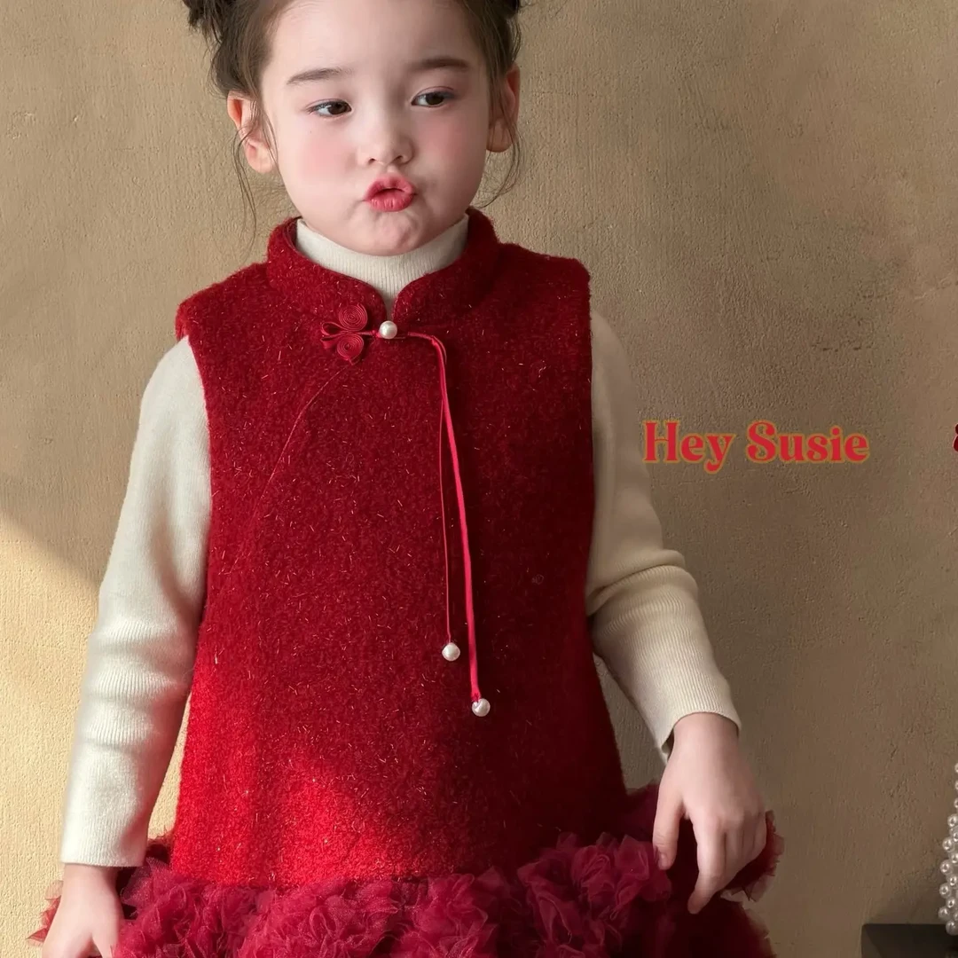 正版苏西Susie女童秋冬加绒新中式国风红色背心裙7671打底7676