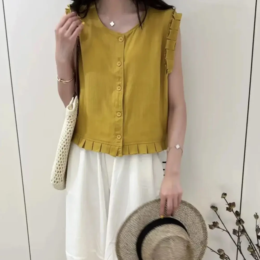 25-69薄款短款宽松型百搭木耳刺绣马夹复古小众时尚套装