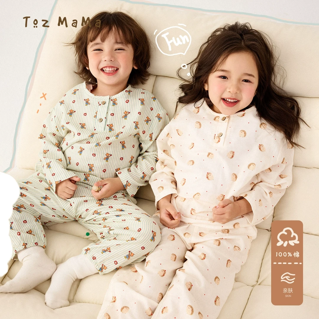豆几妈1/1【暖色甜梦】儿童睡衣套装萌趣满印双层纱舒适家居套装