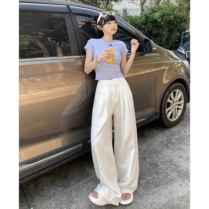 TUYOUNI美式复古白色牛仔裤女春季新款款高腰垂感阔腿牛仔裤女