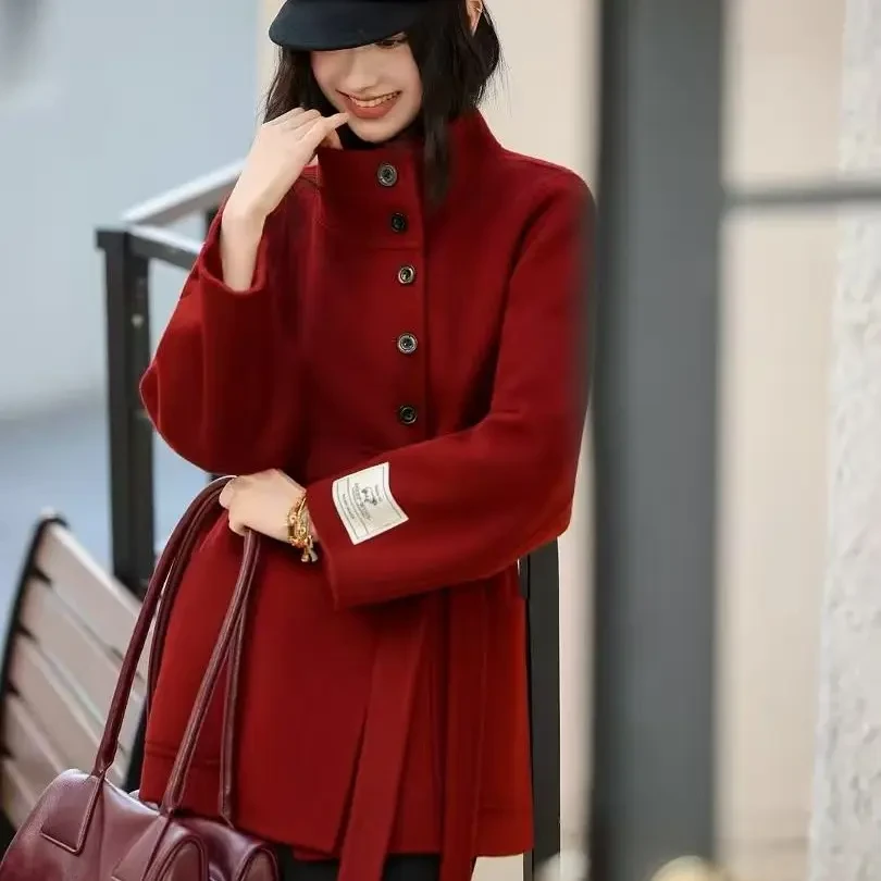 韩系立领系带收腰中长款双面大衣