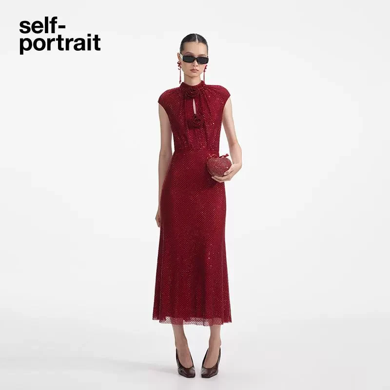 【赵丽颖同款】self-portrait 酒红色玫瑰满钻优雅气质礼服连衣裙