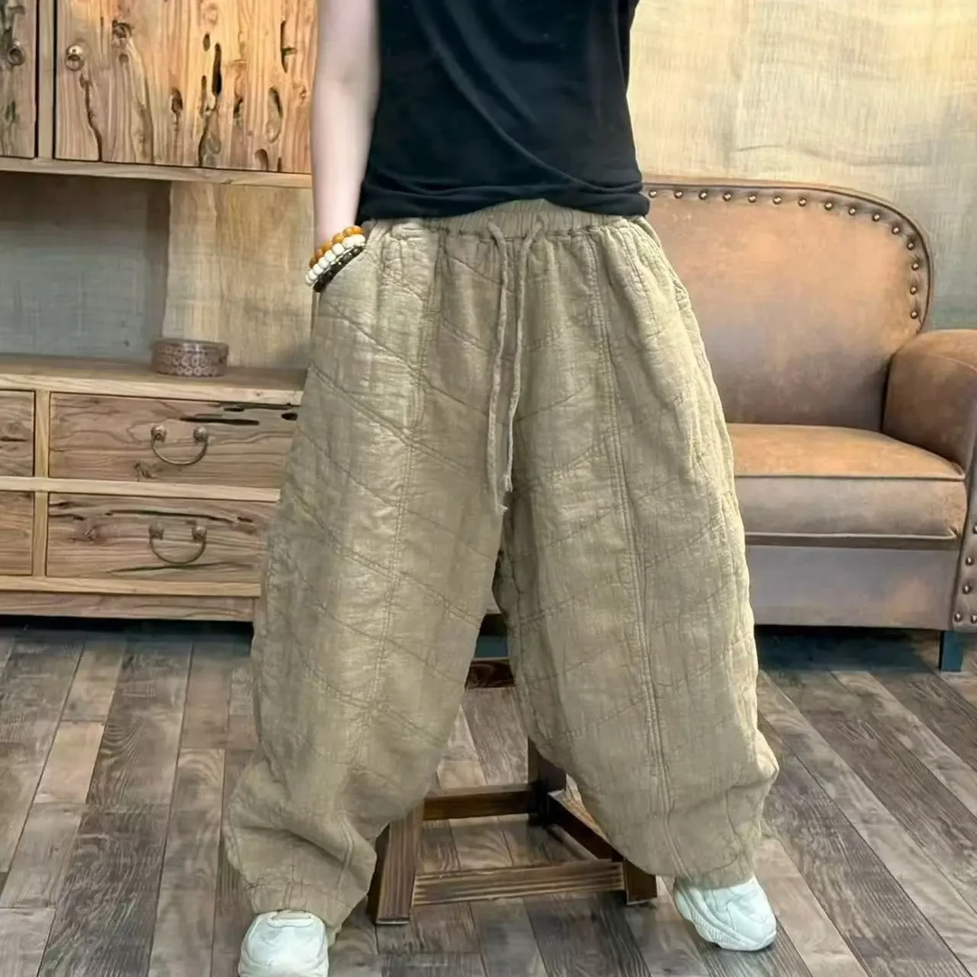 砂洗汉麻冬季夹棉炒色斜绗线复古休闲裤文艺宽松