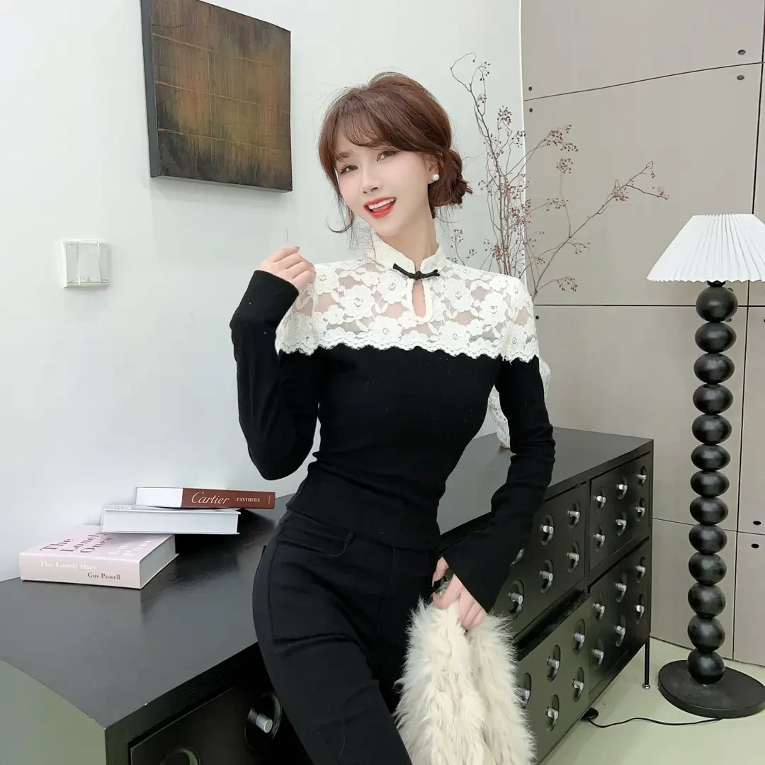 温柔风甜美旗袍中式蕾丝拼接女秋冬季新款洋气减龄百搭打底衫上衣