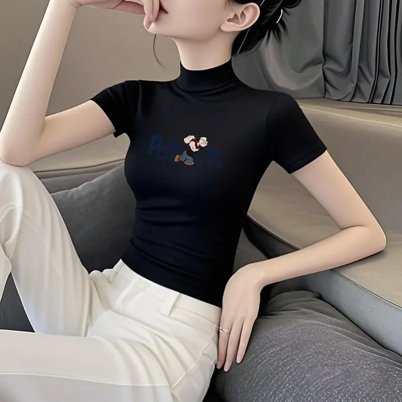 黑色半高领莫代尔冰丝短袖t恤女夏季韩版修身显瘦薄款印花上衣潮