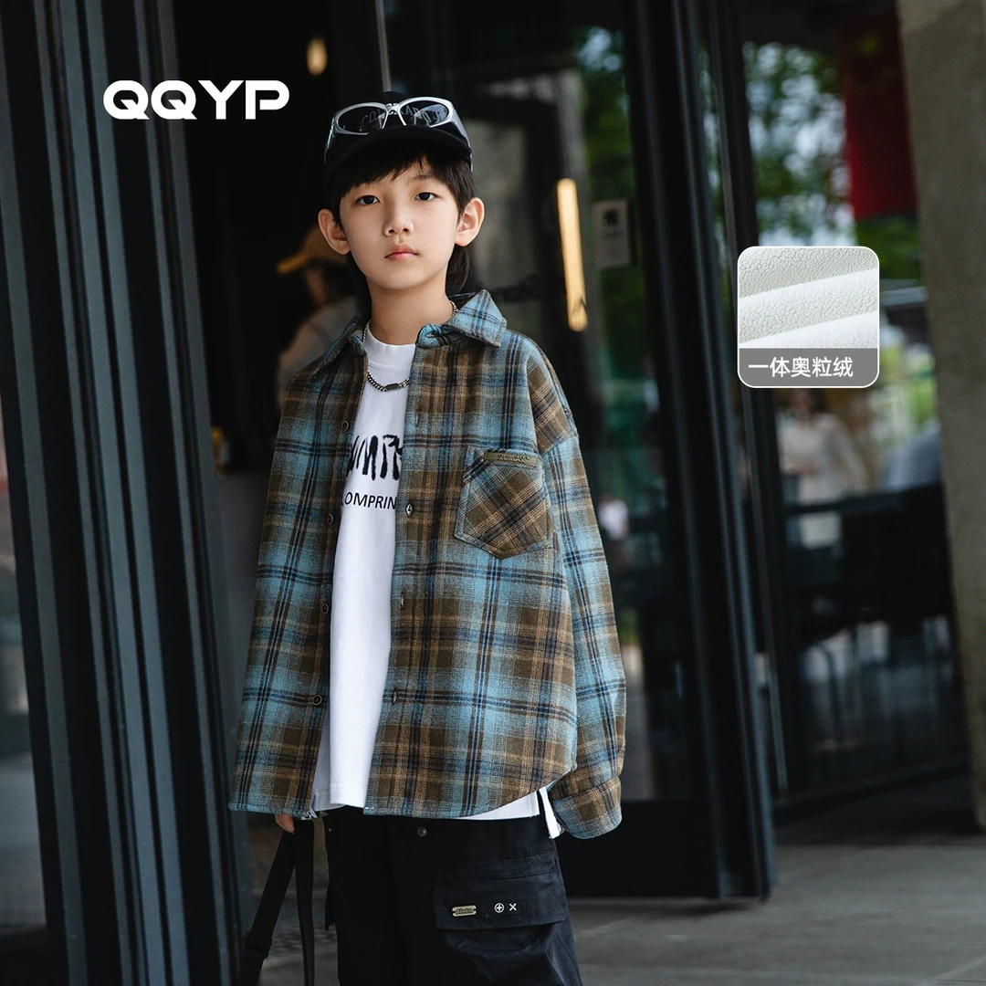 男童加绒衬衫2024冬装新款中大童韩版儿童格子一体绒加厚翻领外套