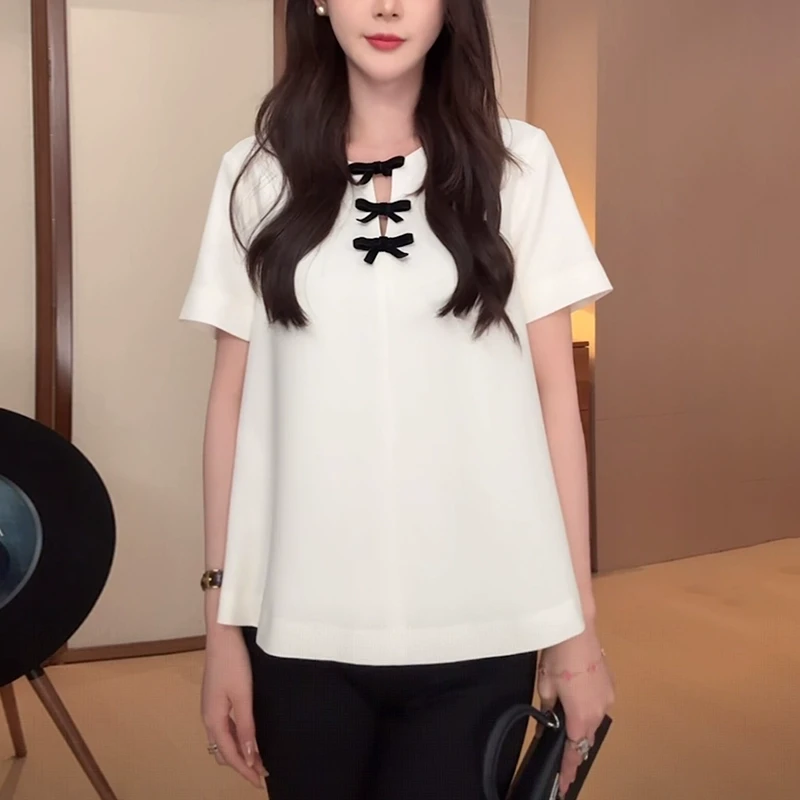 白色蝴蝶结短袖t恤女士2025夏季新款时尚减龄宽松显瘦娃娃衫上衣