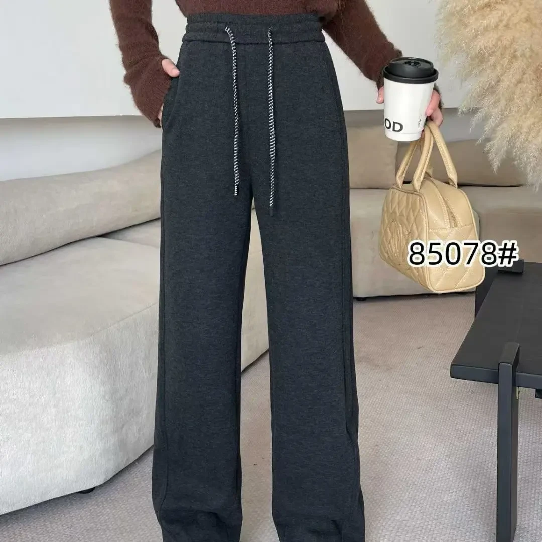 秋冬加绒高腰垂感阔腿裤女小个子显瘦慵懒风休闲直筒裤