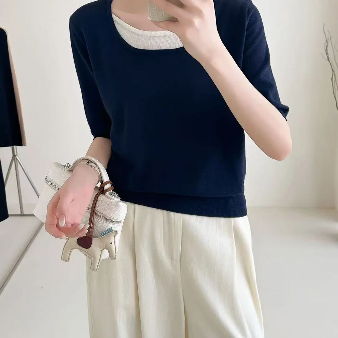 早春圆领韩系减龄撞色设计感针织短袖上衣百搭显瘦