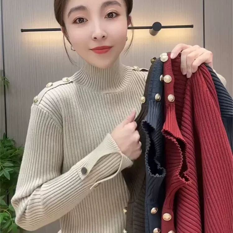 毛衣坑条欧洲站洋气时尚设计感高领百搭长袖宽松显瘦今年流行上衣