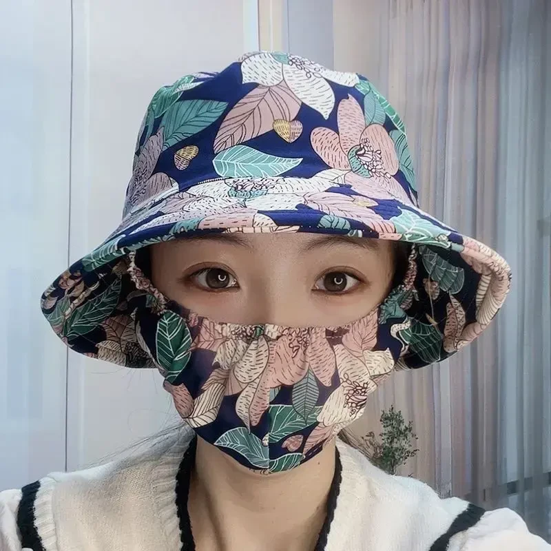 新款防晒帽口罩一体遮阳帽夏季透气女士渔夫帽户外防紫外线采茶帽