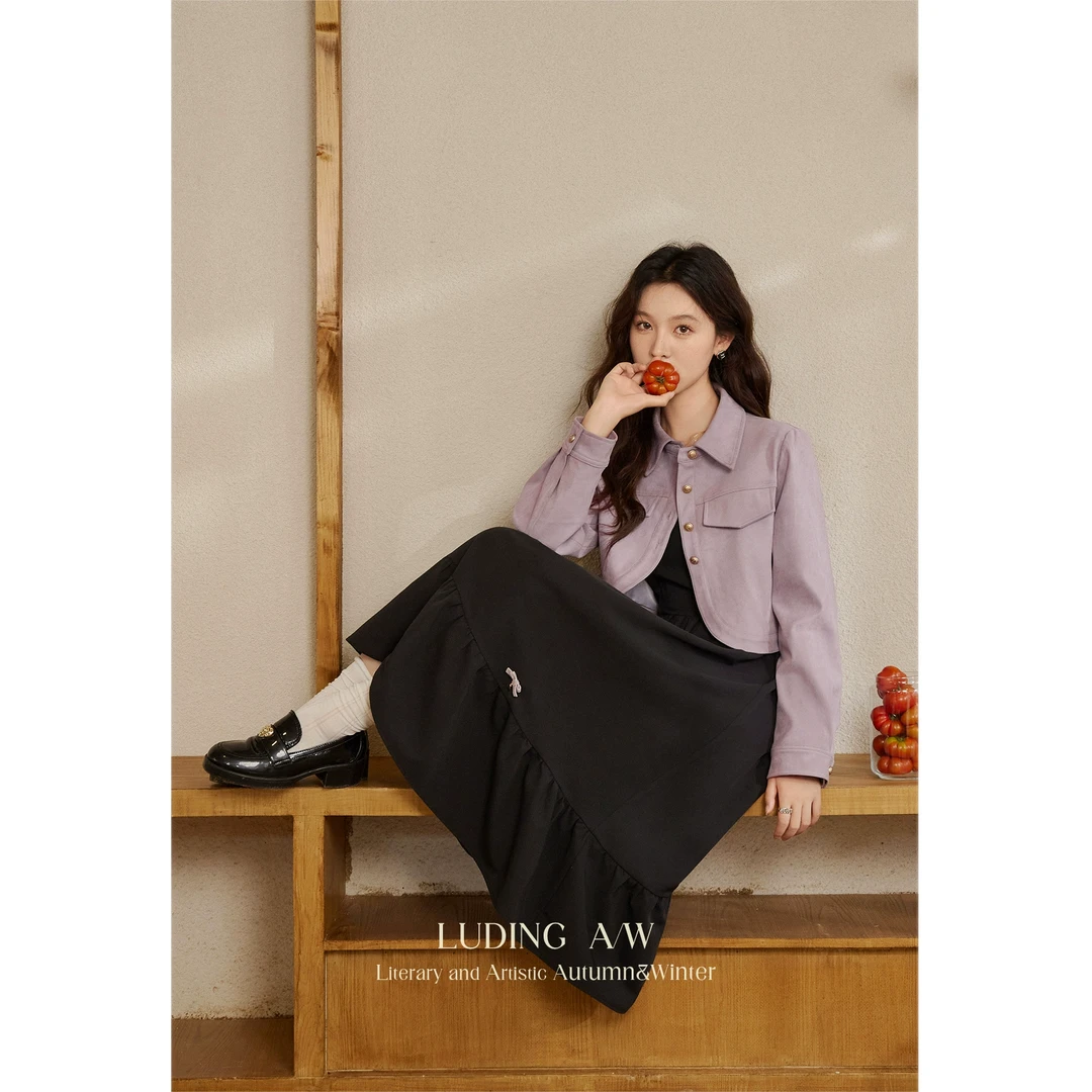 【鹿盯盯】微胖大码女装法式气质连衣裙新款套装裙子皮衣外套D06315