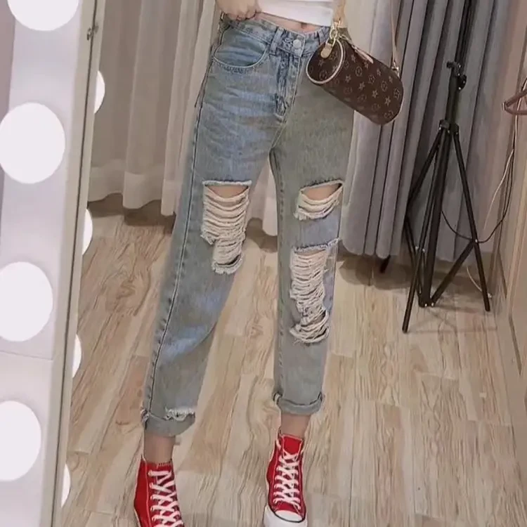 2025时尚新款直筒破洞牛仔裤女夏季薄款小个子高腰显瘦九分烟管裤