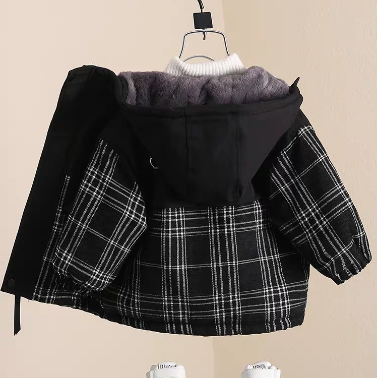 男童加绒夹棉外套冬款中小童加绒加厚棉衣宝宝中长款洋气格子棉袄