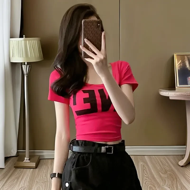 2025新款短袖t恤女夏季修身显瘦甜辣露肚脐休闲时尚短款正肩上衣