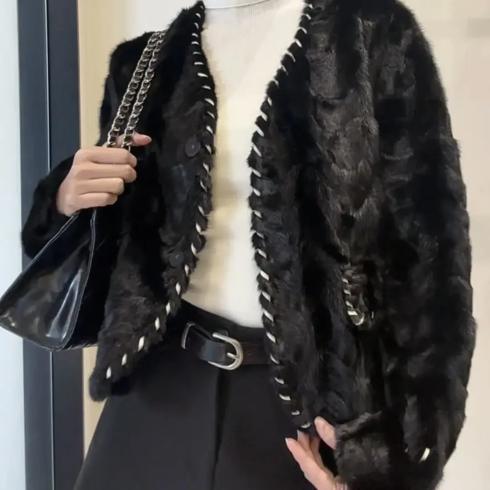 进口貂手工皮边轻奢感水波纹短款毛毛貂皮外套