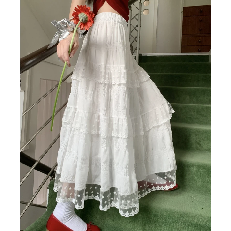 气质蕾丝花边蛋糕裙女2025春夏新款法式高腰拼接大摆裙a字半身裙