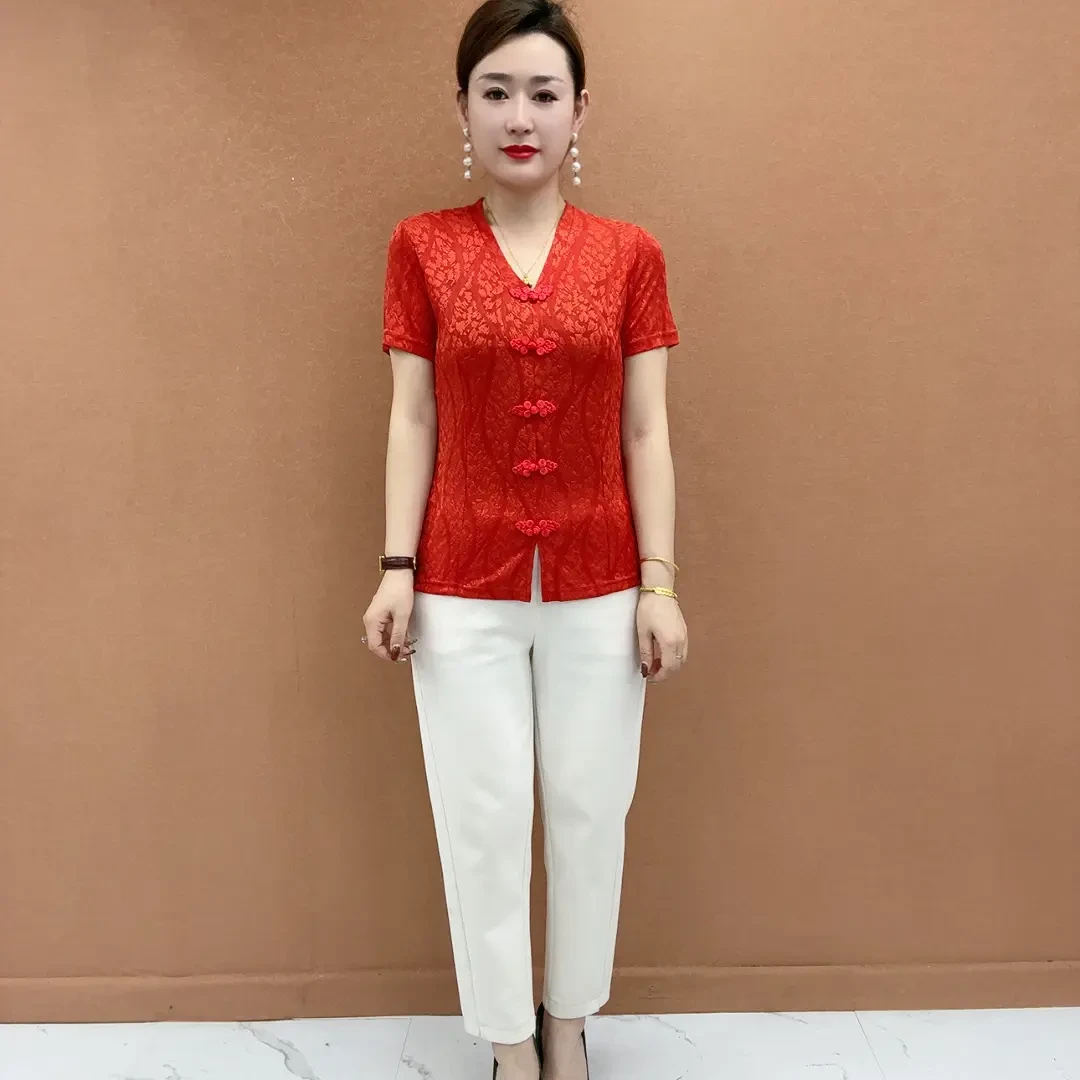 2025新款时尚洋气妈妈装短袖国风V领气质显瘦夏季复古中式修身