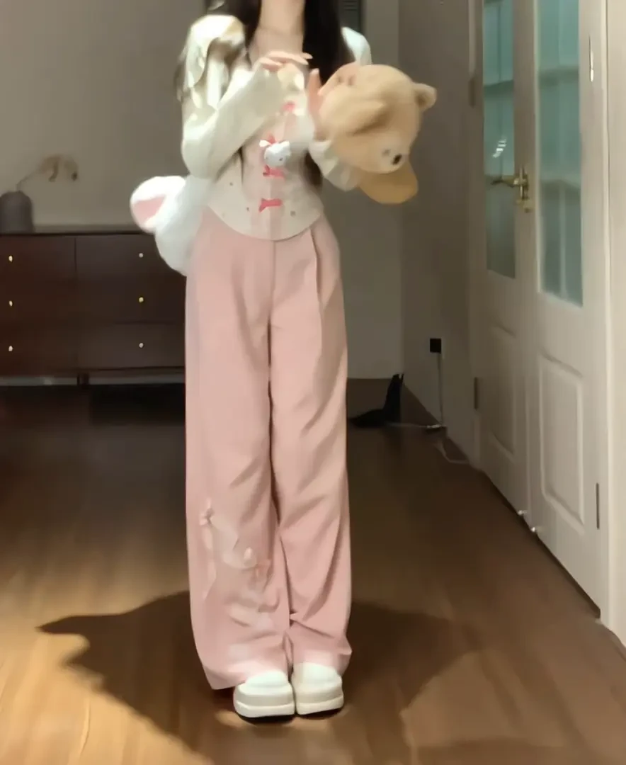 软软甜心 春季纯欲风小众设计吊带背心开衫蕾丝高腰阔腿裤三件套