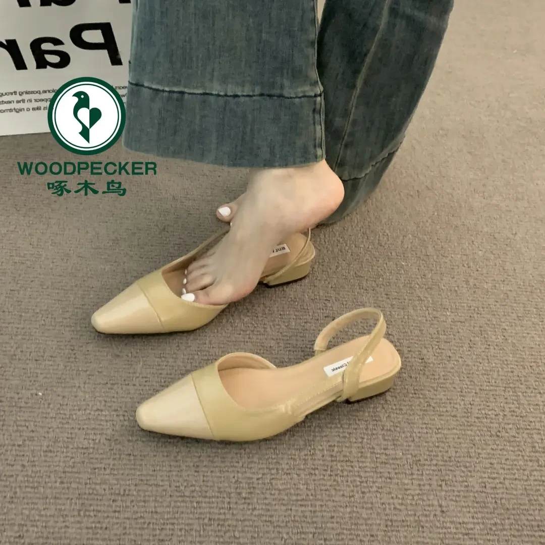啄木鸟低跟包头凉鞋女法式2025夏季裸色尖头小香风粗跟气质单鞋女