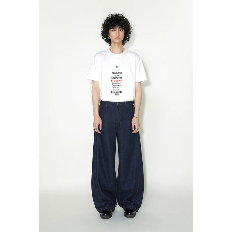 物理少年「弯刀丹宁」原色宽松直筒弧线裤缝牛仔弯刀裤