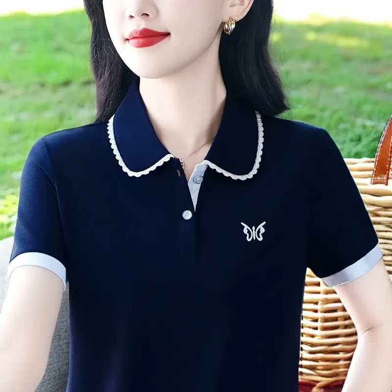 简约风运动POLO衫时尚宽松翻领半袖中年女士洋气显瘦休闲短袖T恤
