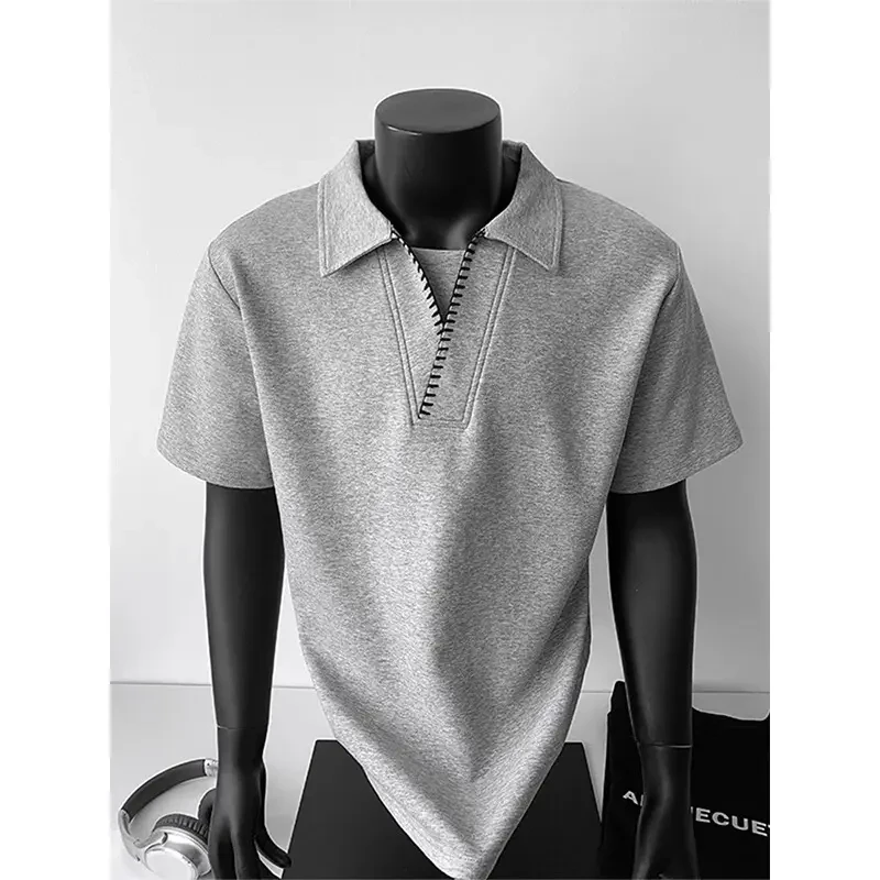 灰色美式手缝线翻领短袖男款夏季正肩polo衫T恤假两件半截袖休闲
