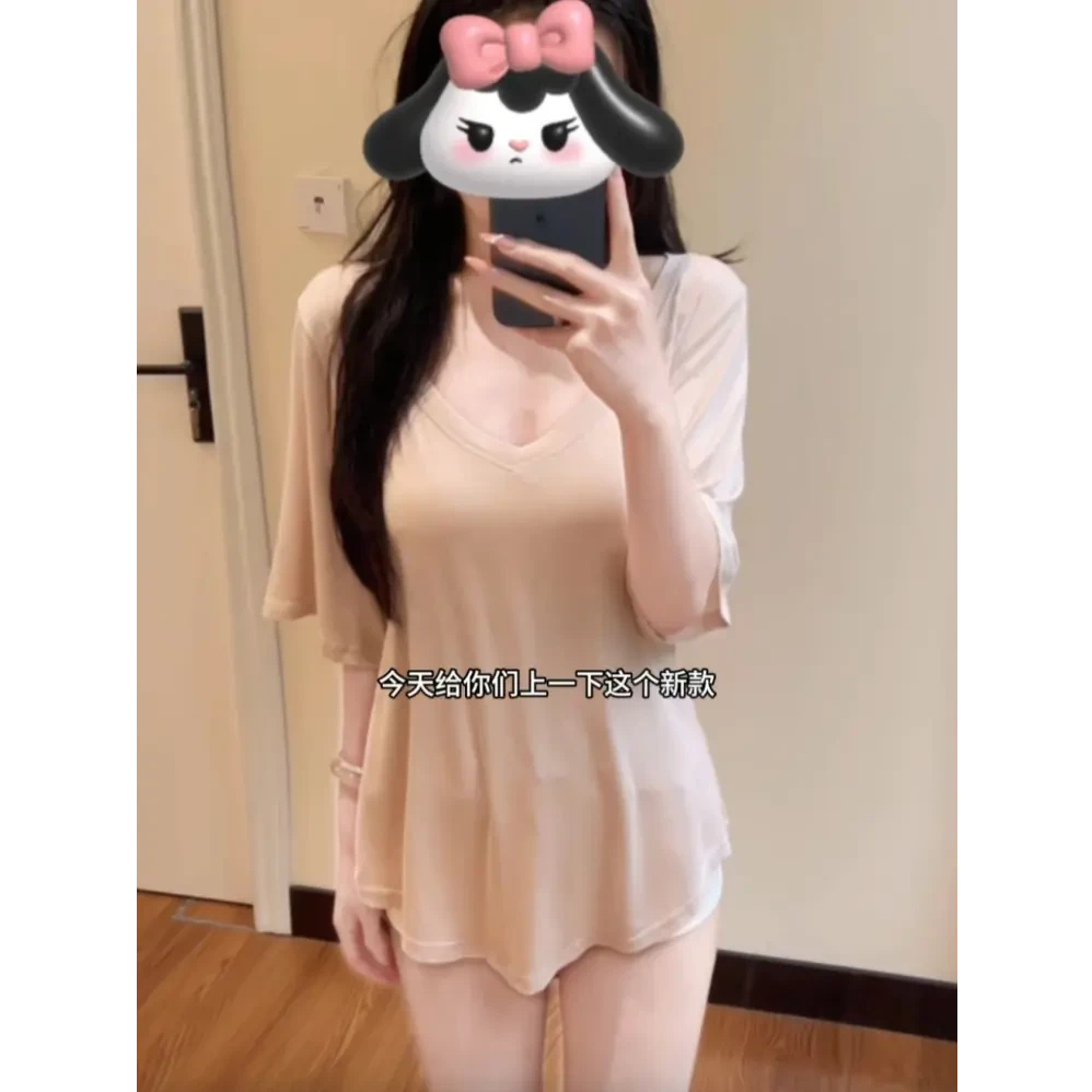 水感tee大V领宽松T恤夏露肩透气上衣跑步健身短袖百搭不挑人面膜T