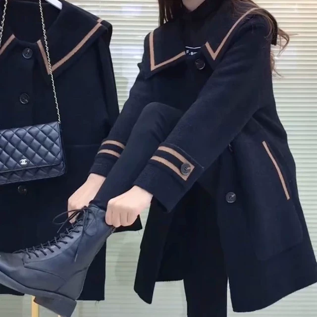 毛呢外套女中长款韩版修身显瘦2025年春秋新款外穿洋气海军领大衣