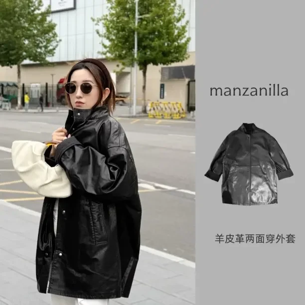 manzanilla羊皮革两面穿长袖宽松欧美风百搭ins加绒皮衣少女风