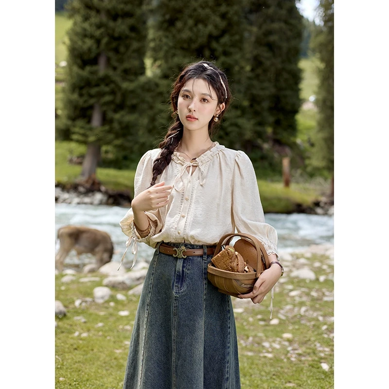 【李易行专属】谜秀法式木耳边花边领衬衫蝴蝶结上衣MXD41X1621