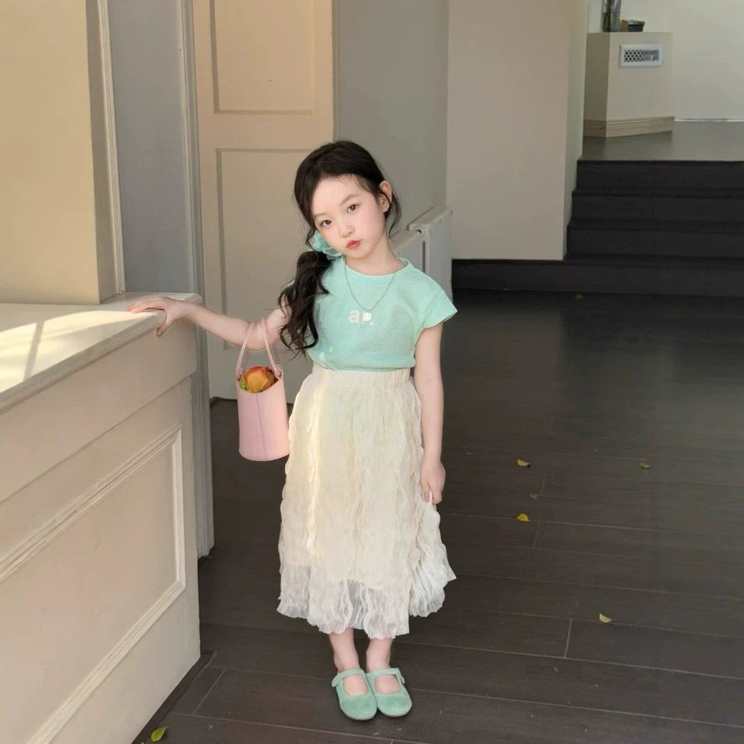 夏季新款女童韩版洋气字母印花T恤女宝宝褶皱网纱半身裙