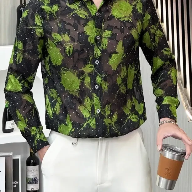 7055系列烫钻重工设计感印花韩版潮流宽松男士长袖衬衫