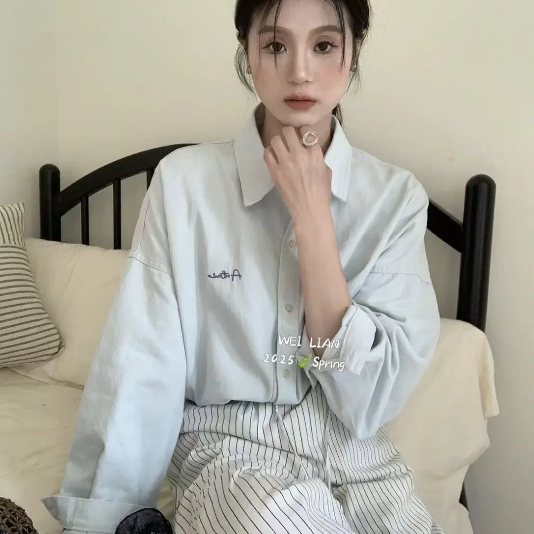 糖果色刺绣字母印花长袖衬衫宽松休闲外套春季时尚上2502