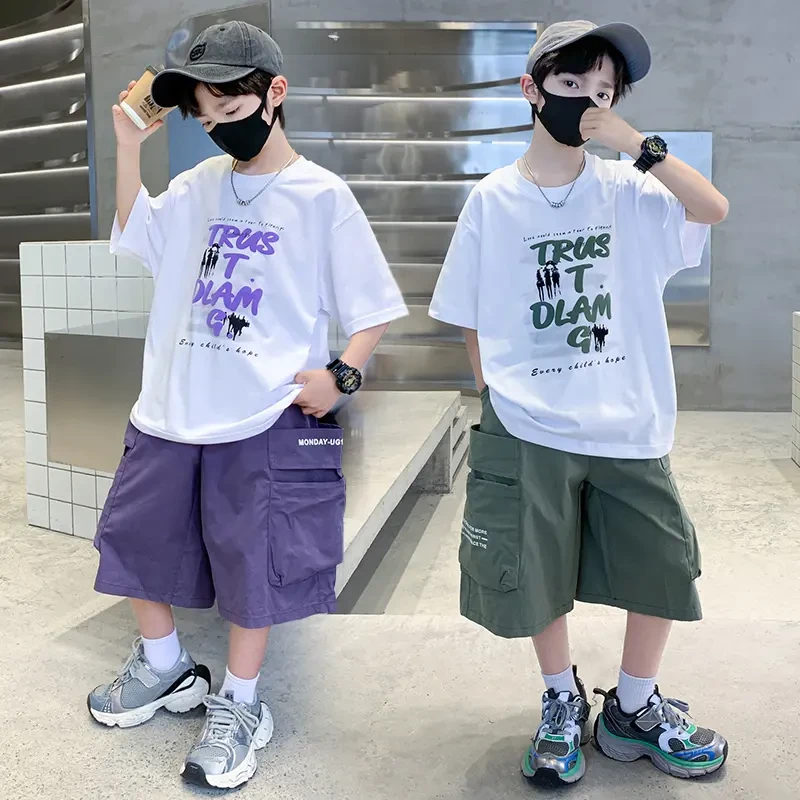 男童纯棉短袖工装裤套装夏季薄款5-13岁中大童洋气两件套儿童男孩
