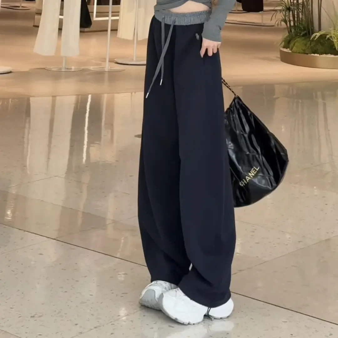 女秋冬直筒休闲裤加绒加厚保暖裤一裤两穿百搭刺绣小标拼色高腰裤