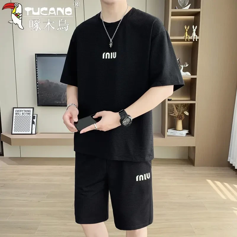 TUCANO/啄木鳥夏季新款冰丝短袖T恤男士宽松休闲套装潮男短裤整套
