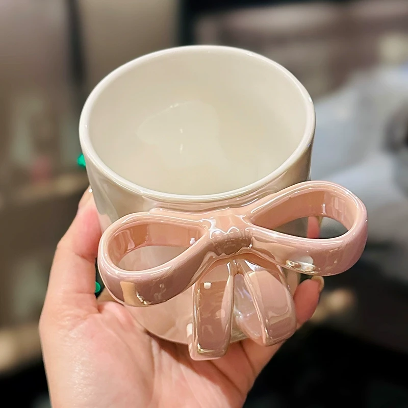小轻奢蝴蝶结水杯高级感陶瓷喝水杯子女士精致咖啡杯高颜值马克杯