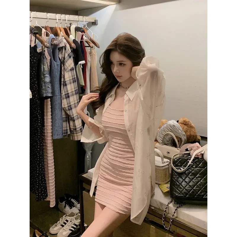 2025春季新款高级感蝴蝶点钻慵懒风长袖衬衫+肌理感包臀连衣裙女