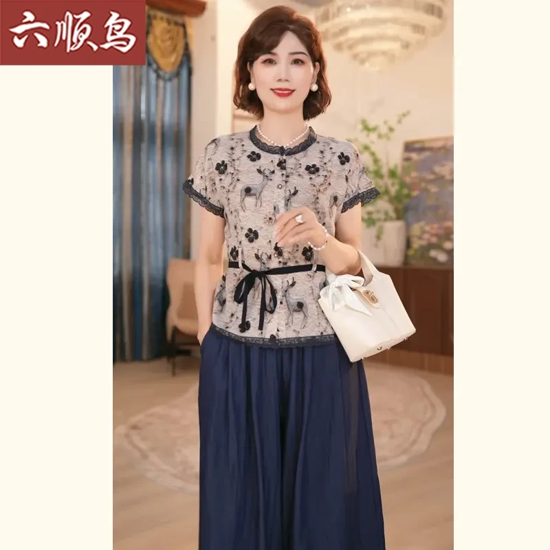 2025休闲新款妈妈装夏季时尚气质中年女装宽松新中式小衫套装夏装