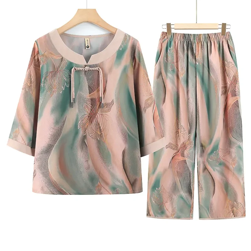 妈妈夏季宽松圆领七分袖上衣中老年人国风女装两件套薄款奶奶套装