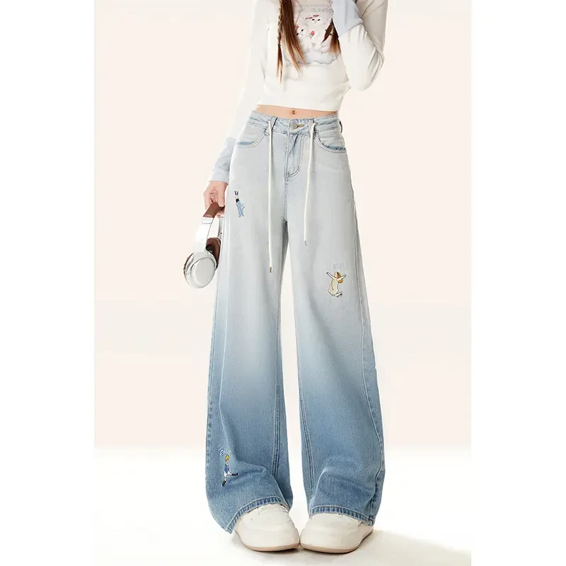 自然涩复古蓝渐变阔腿牛仔裤女夏季新款卡通布贴拖地裤子女孩