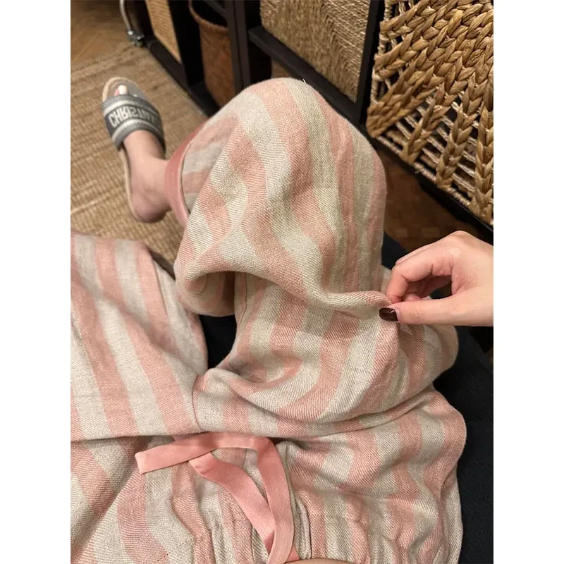 粉色条纹阔腿裤女2025夏薄款高腰舒适垂感防晒裤子慵懒风山本裤